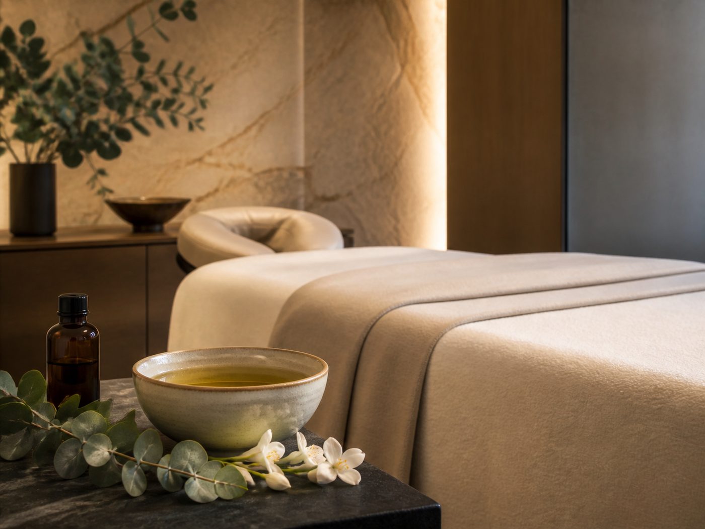 Table de massage aux huiles, bol d’huile chaude