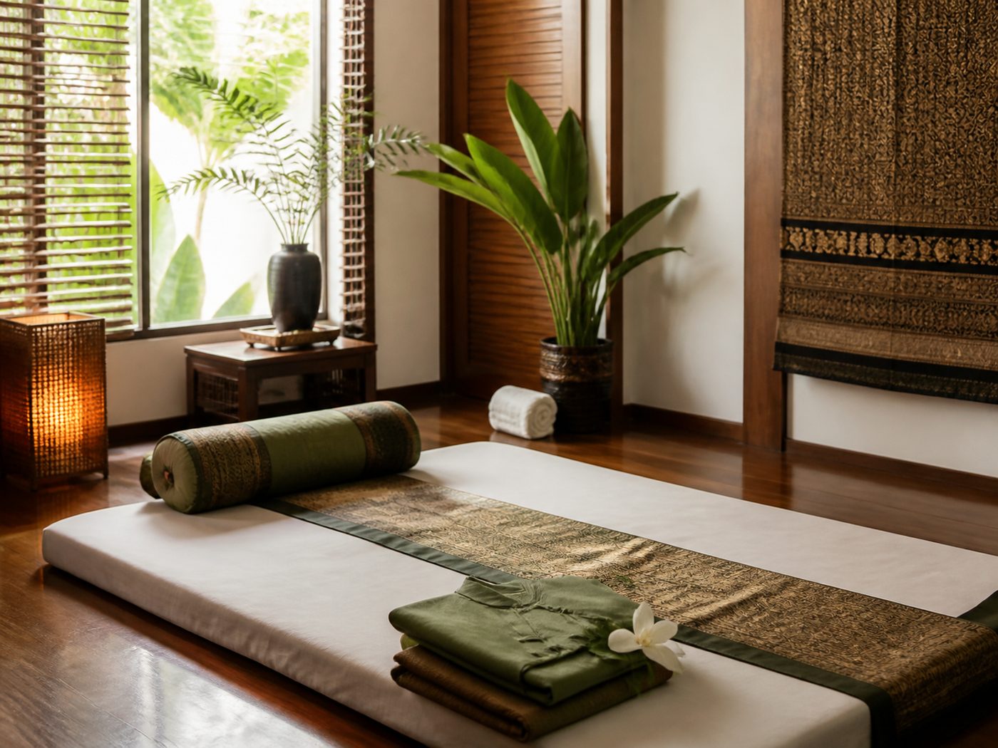 Salle de massage thaï traditionnel, futon et coussins